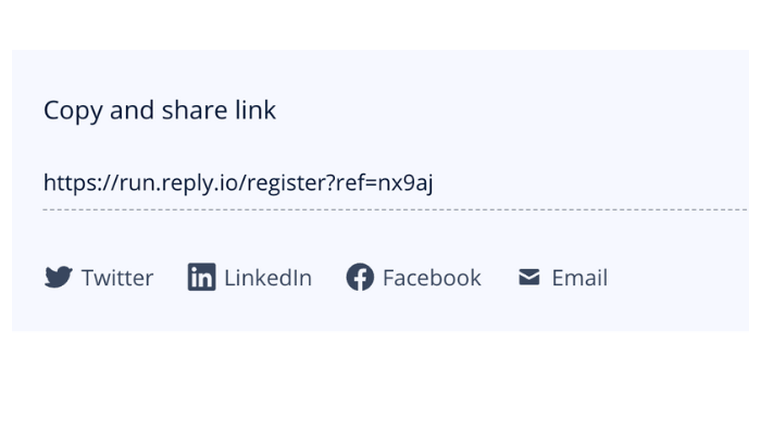 Alternatively, share your referral link on social media or via email. Simply choose your preferred method (Twitter, LinkedIn, Facebook, or Email), copy the link, and post it.