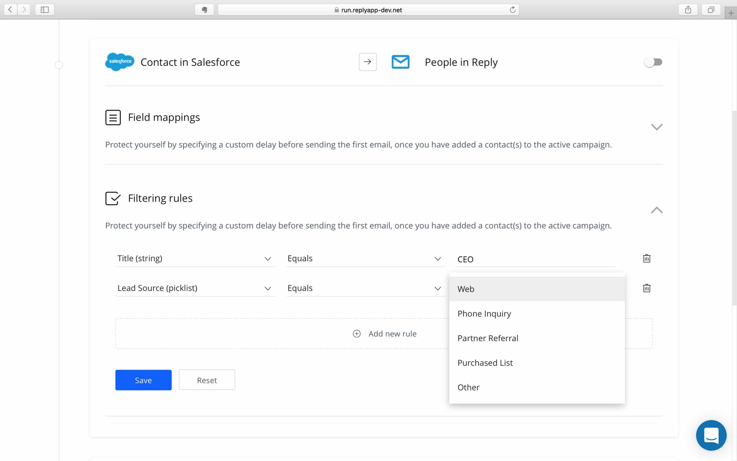 How to add a new filtering rule for SalesForce Reply integration