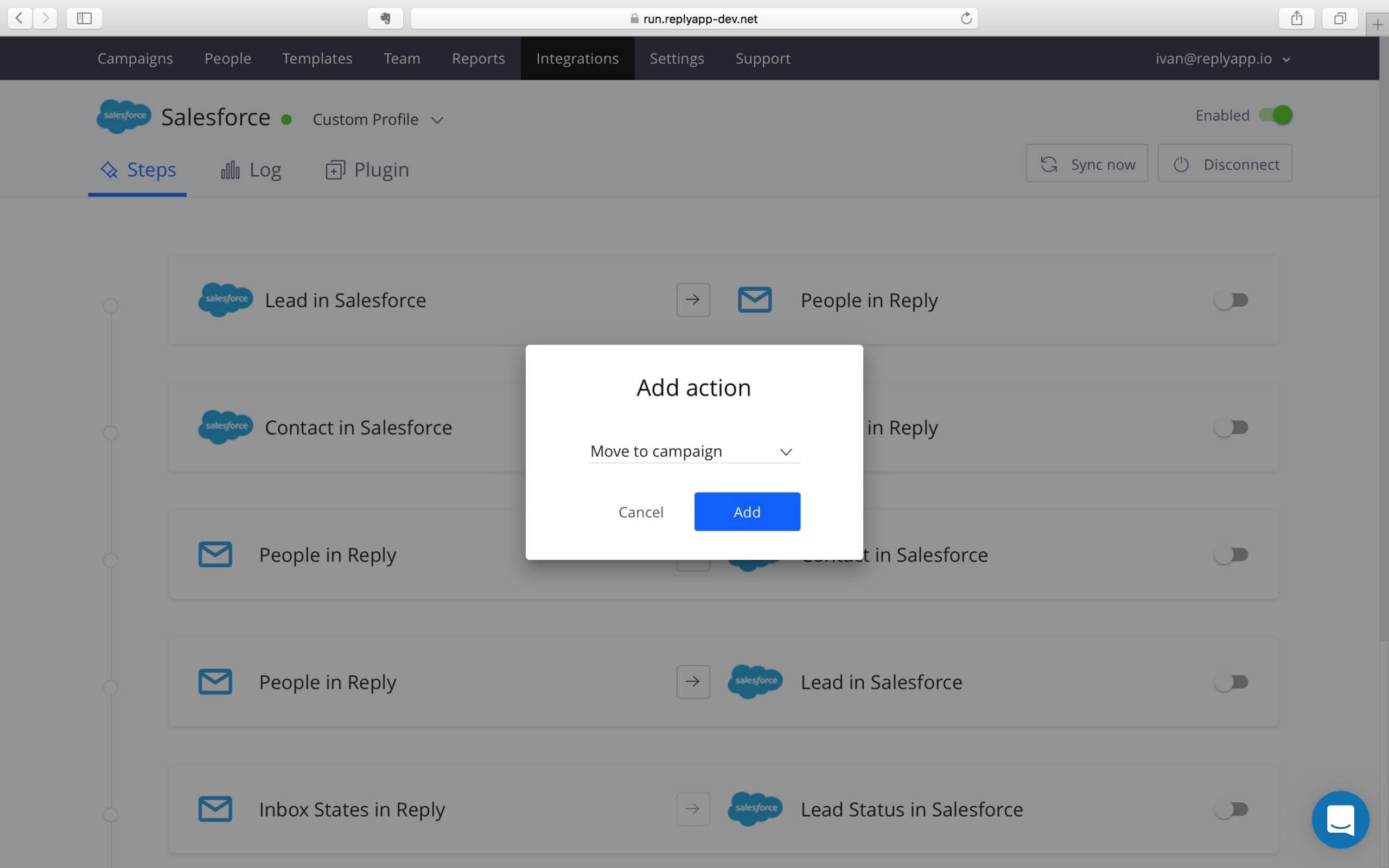 Adding action in Salesforce Reply Integration