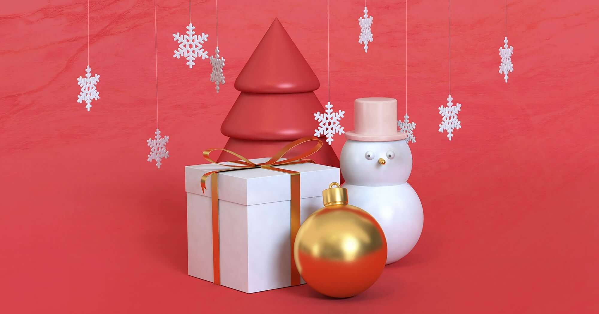 Christmas tree, giftbox, snowman and Christmas tree ball