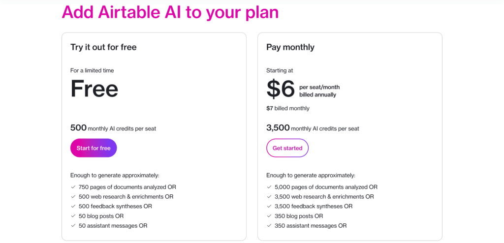 Airtable AI pricing