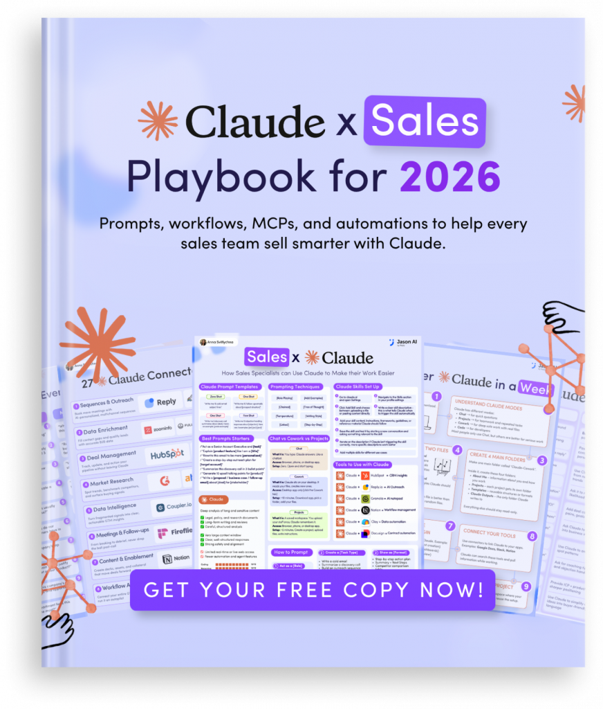Book cover for 'Claude x Sales Playbook for 2026' with a light purple background and bold title, plus a purple 'Get your free copy now' banner at the bottom.