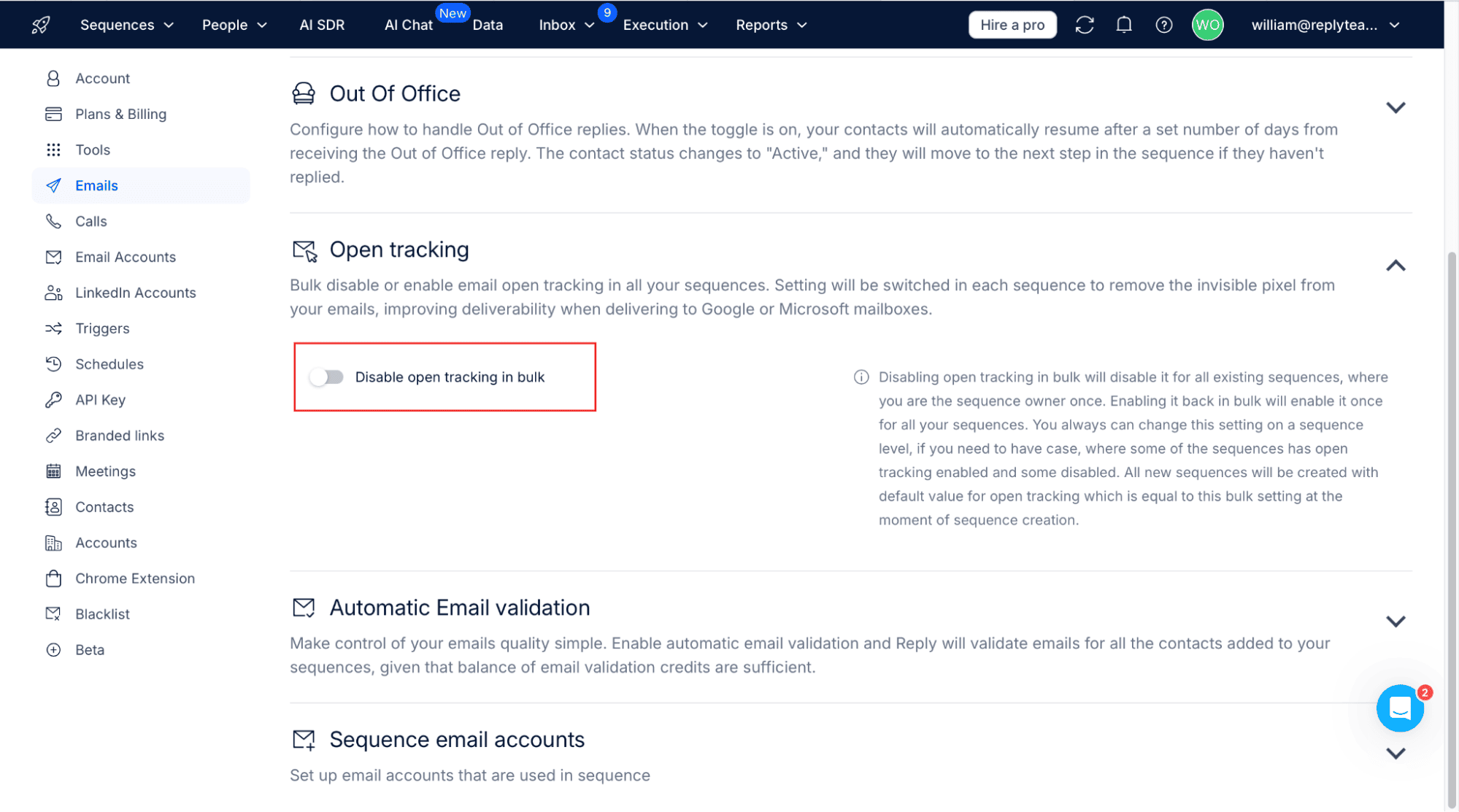 Bulk open tracking management