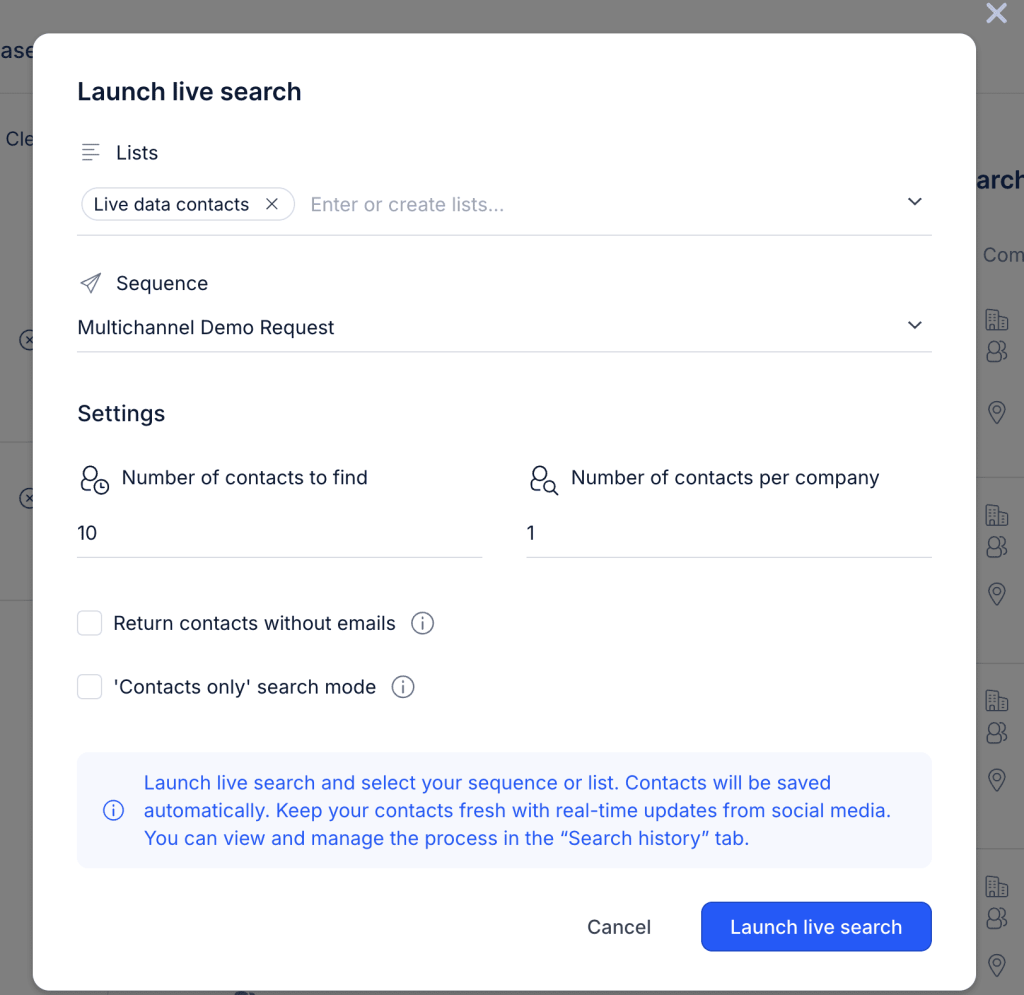 Click “Launch Live Search.” for GTM plays in Jason AI SDR