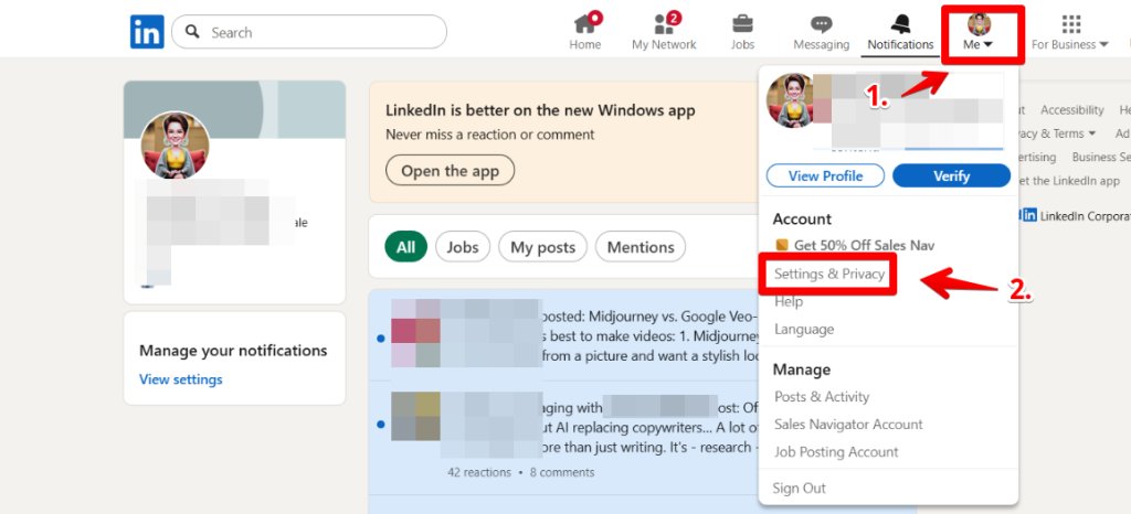 Click Me in the top navigation and select Settings & Privacy.