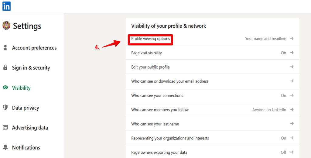 Find the option labeled profile viewing options.