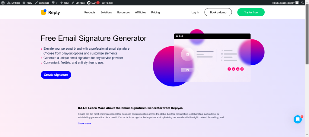 Gerador de assinatura de e-mail do Reply.io, ferramenta de vendas grátis