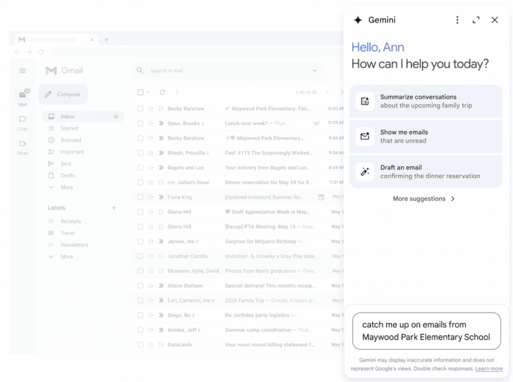 Gemini for Gmail—Best for simplifying inbox management as an email reader ai