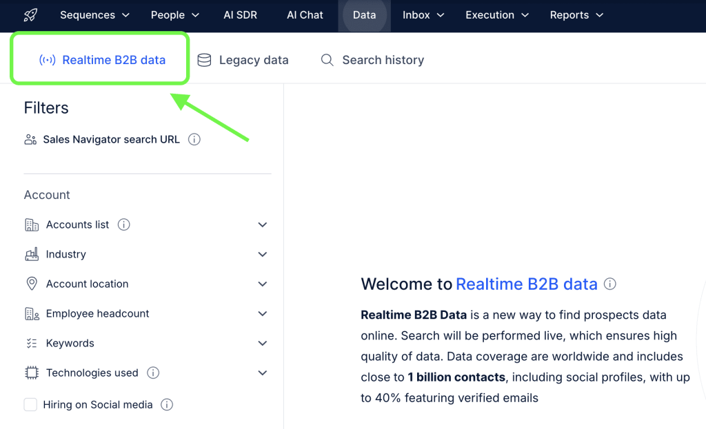 Acesse Data e depois Realtime B2B Data no Jason AI SDR