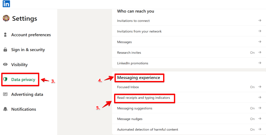 Go to the Data privacy tab and select Messaging experience. Scroll down to Read receipts and typing indicators.