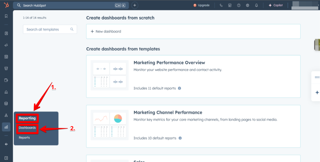 No HubSpot, clique em Reporting e depois em Dashboards