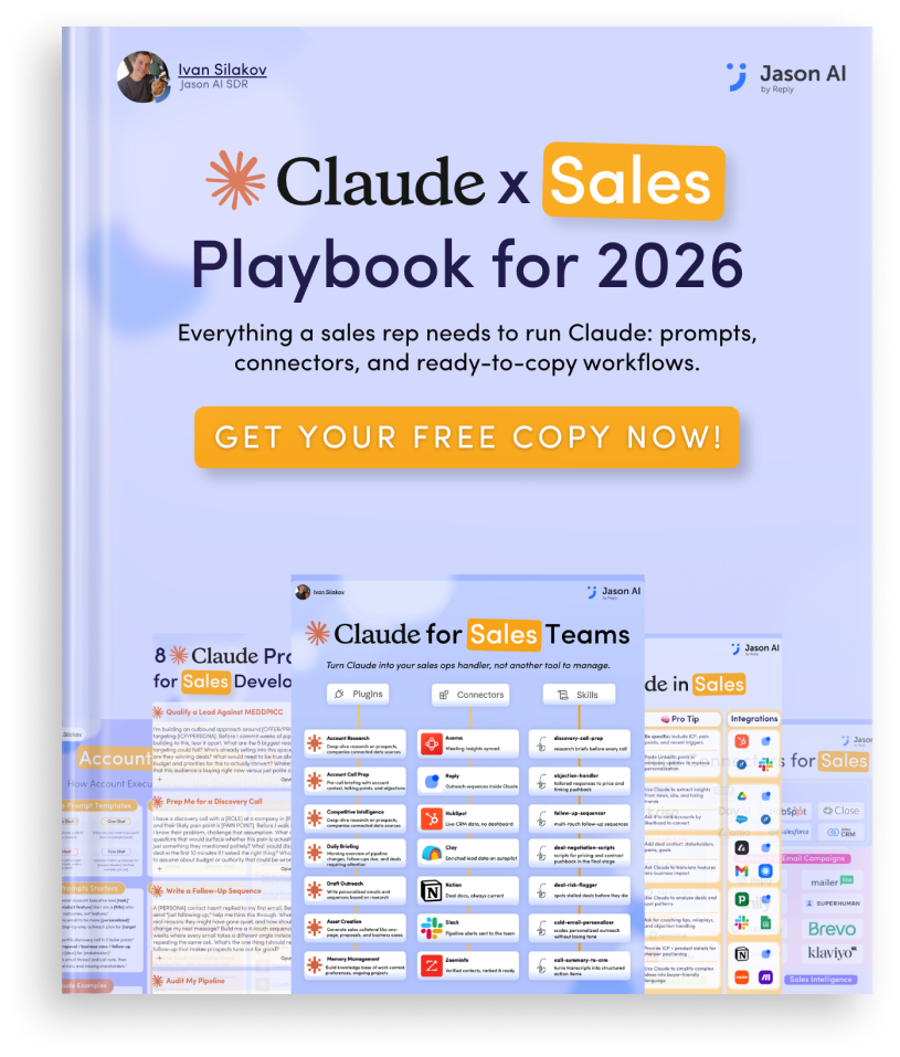 Promotional cover for 'Claude x Sales Playbook for 2026' with a bright orange 'GET YOUR FREE COPY NOW!' button and Jason AI branding.