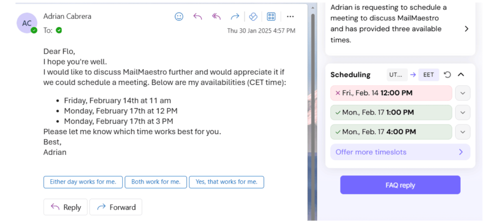MailMaestro—Best for one-click meeting scheduling asn an email reader ai