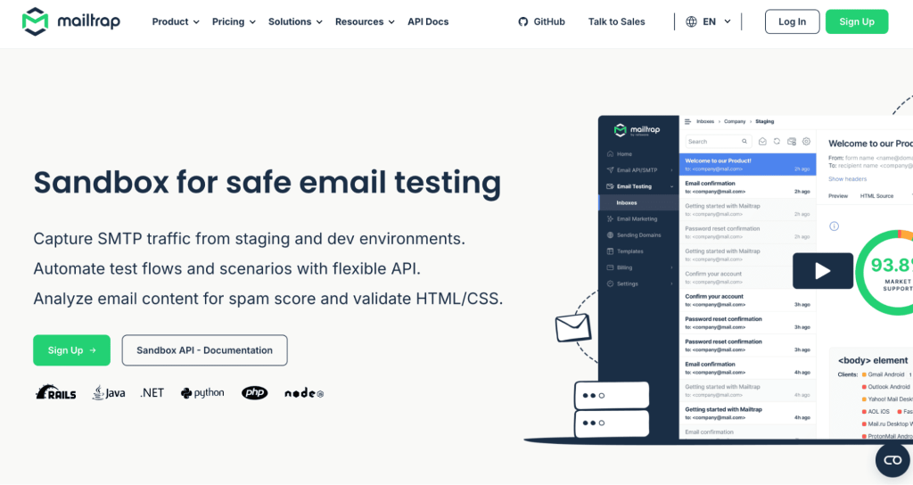 Mailtrap Email Sandbox as one of email deliverability tools
