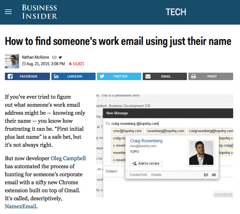 Business Insider article about Name2Email