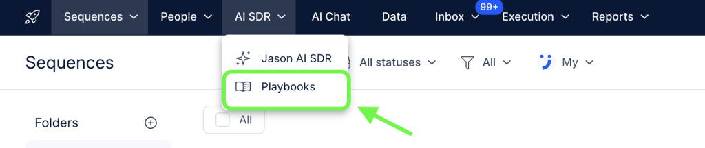 Open the “Playbooks” tab. for GTM plays in Jason AI SDR