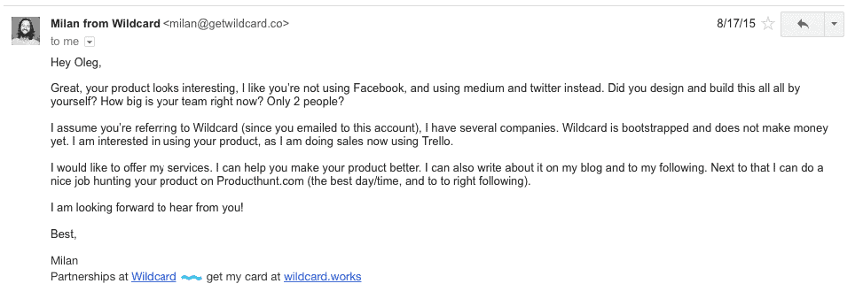 email response from Milan, co-founder of the Wildcard