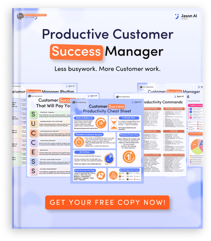 e-book cover titled 'Productive Customer Success Manager' with a collage of worksheets and an orange 'Get Your Free Copy Now' button