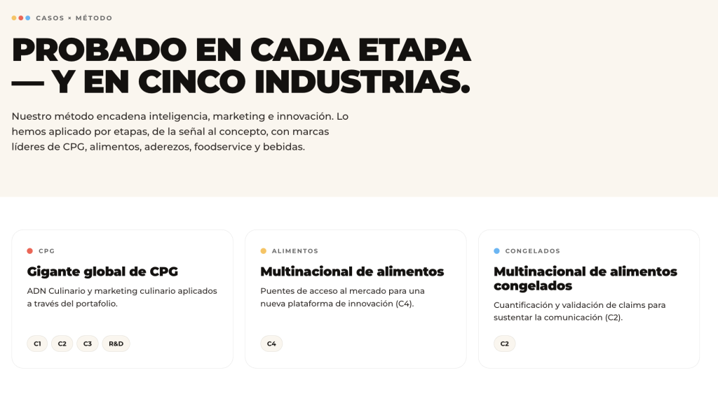 Hero con título en mayúsculas: 'PROBADO EN CADA ETAPA — Y EN CINCO INDUSTRIAS' sobre fondo claro y párrafo explicativo.