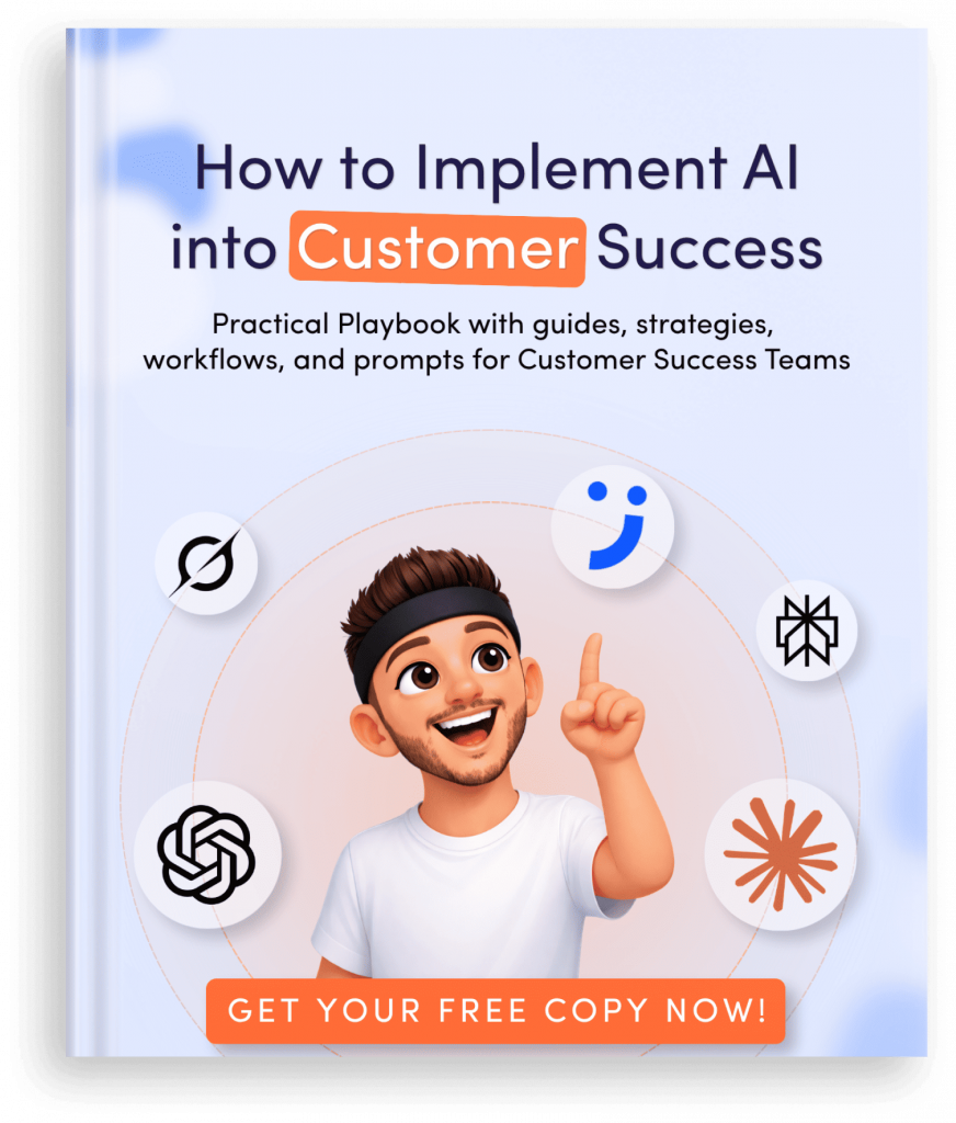 Book cover titled 'How to Implement AI into Customer Success' with a smiling man and icons around him.