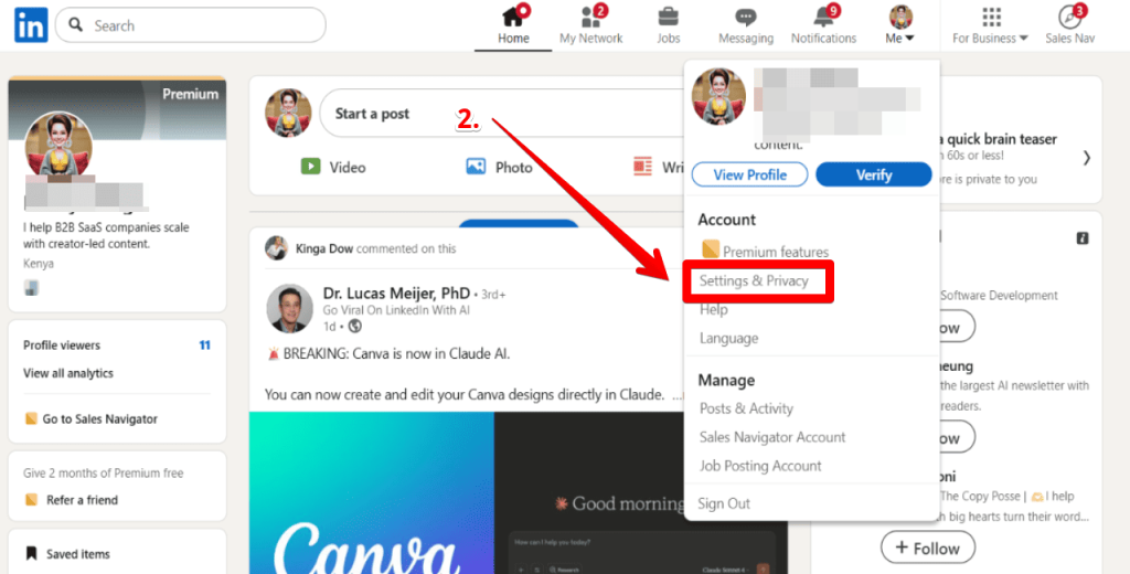 Step 2 Go to “Settings & Privacy” to download linkedin contacts