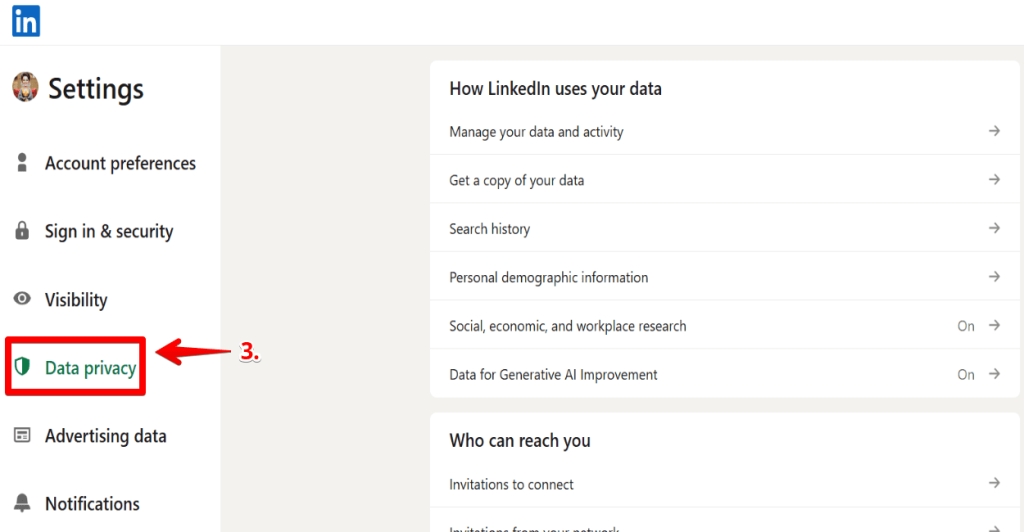 Step 3 Go to Data Privacy to download linkedin contacts