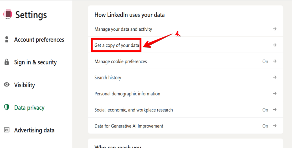 Step 4 Go to “get a copy of your data” to download linkedin contacts