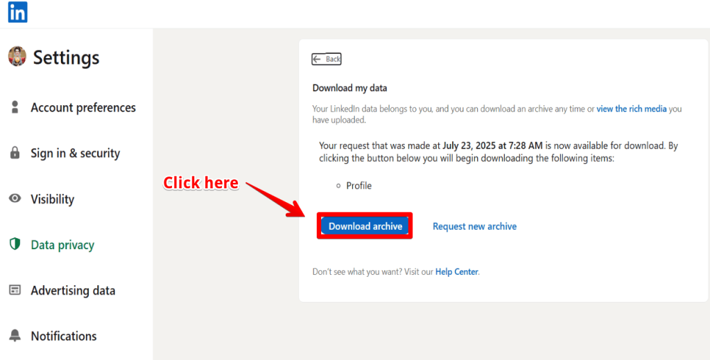 Step 5 Download and open the CSV or ZIP file to download linkedin contacts
