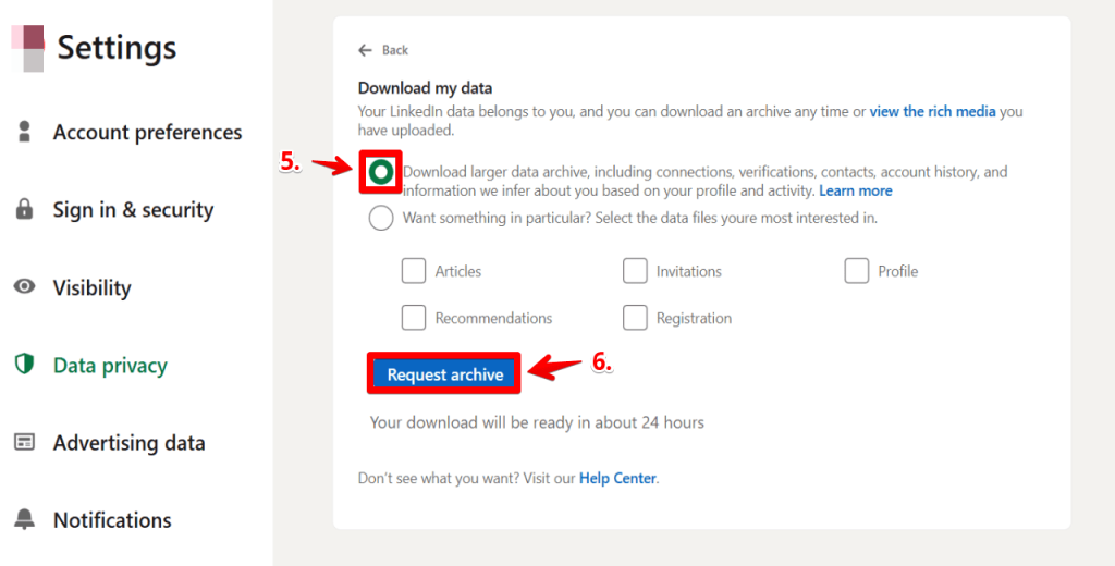 Step 5 Go to “Download my data” to download linkedin contacts