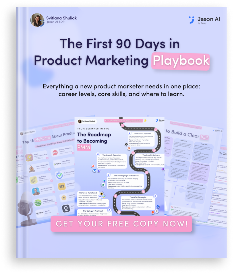 Book cover for 'The First 90 Days in Product Marketing Playbook' by Sviltana Shuliak, featuring a pink 'Get Your Free Copy Now' banner and a collage-style background.