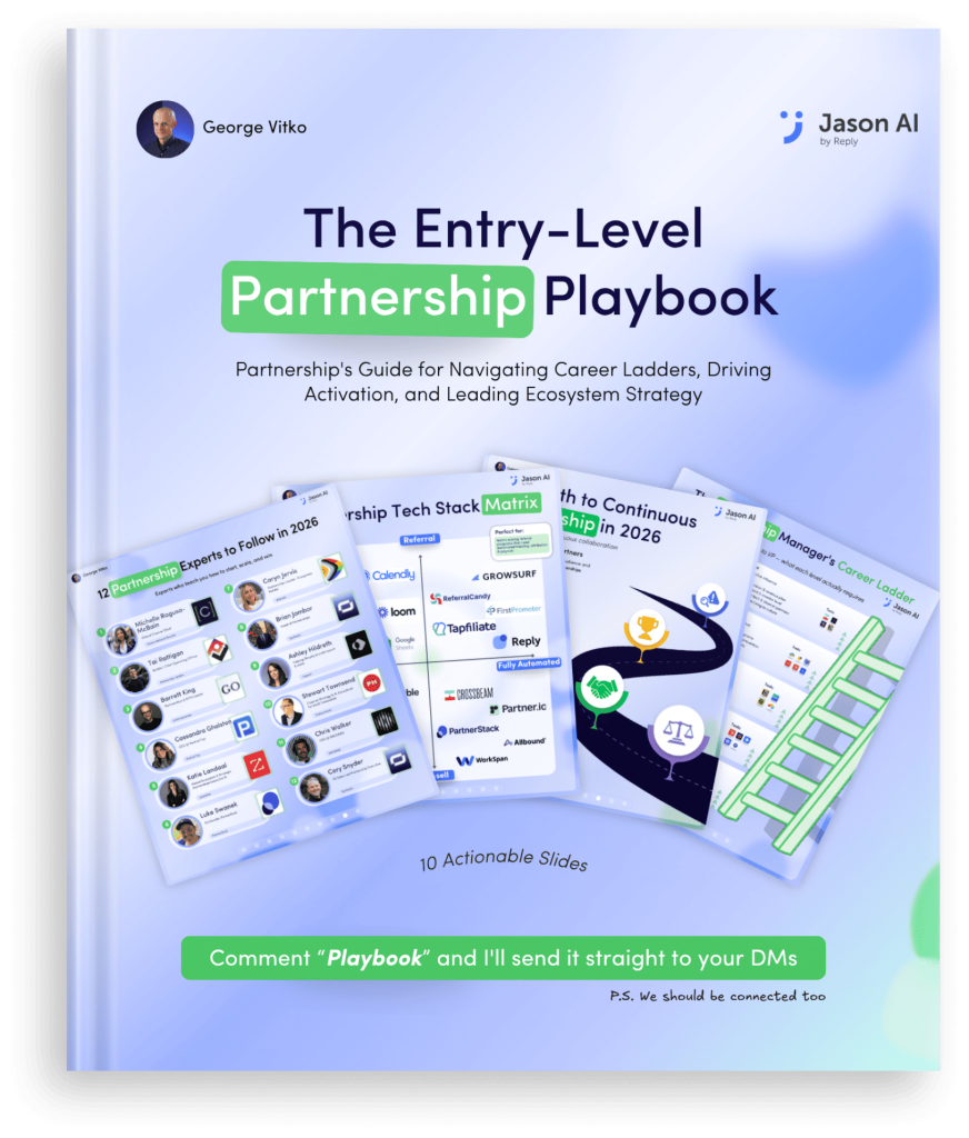 Cover of a playbook titled 'The Entry-Level Partnership Playbook' with a blue gradient background and a collage of slides at the bottom.