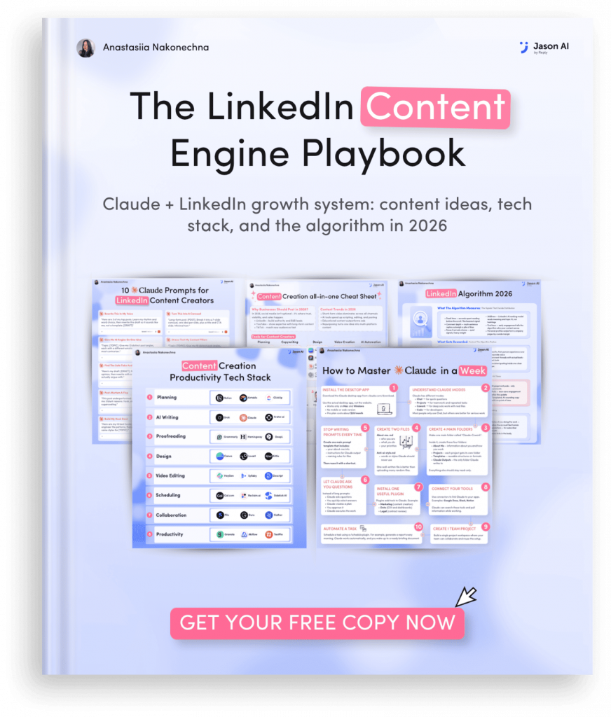 Cover image: 'The LinkedIn Content Engine Playbook' with a pink Content badge and bottom pink 'GET YOUR FREE COPY NOW' button.