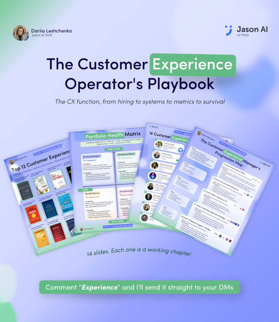 Cover slide for a presentation: title 'The Customer Experience Operator's Playbook' with a green rounded 'Experience' badge and logos in the corners on a blue gradient background.