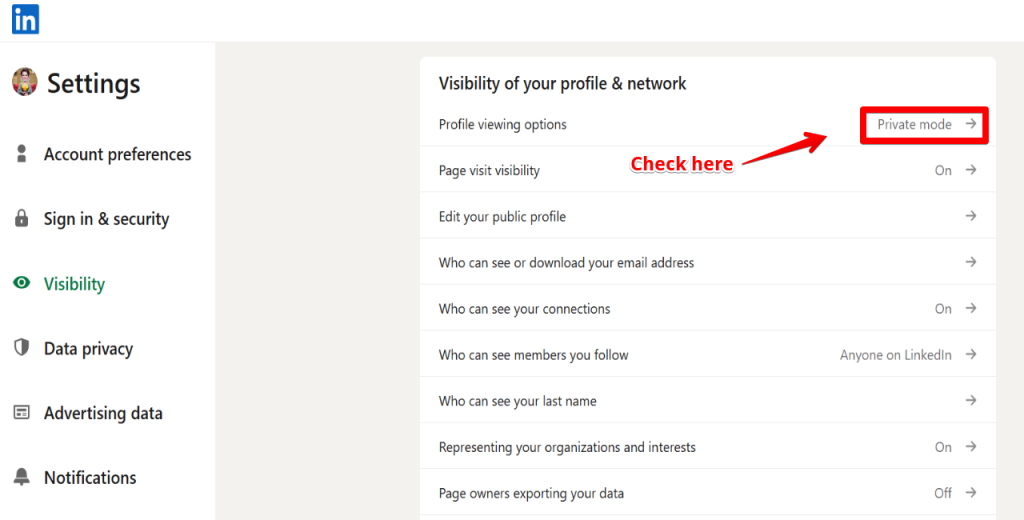 Under Profile viewing options, you’ll see which mode is currently active.