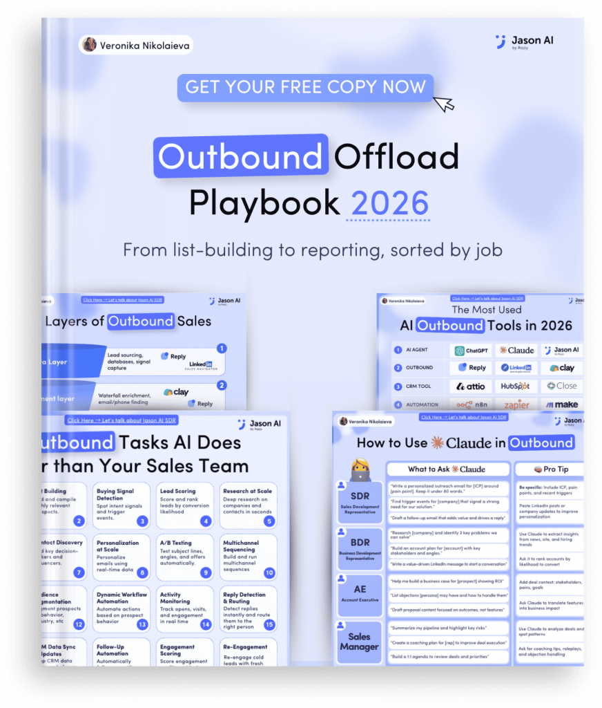 Cover image of 'Outbound Playbook 2026' with 'Get Your Free Copy Now' button and branding by Jason AI and Veronika Nikolaieva on a light blue background.