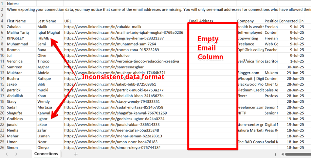What does the downloaded file look like to download linkedin contacts