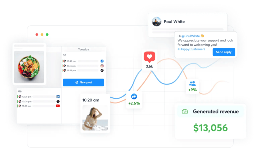 Agorapulse social media calendar with scheduled posts, a reply to a follower, engagement stats, and generated revenue reporting