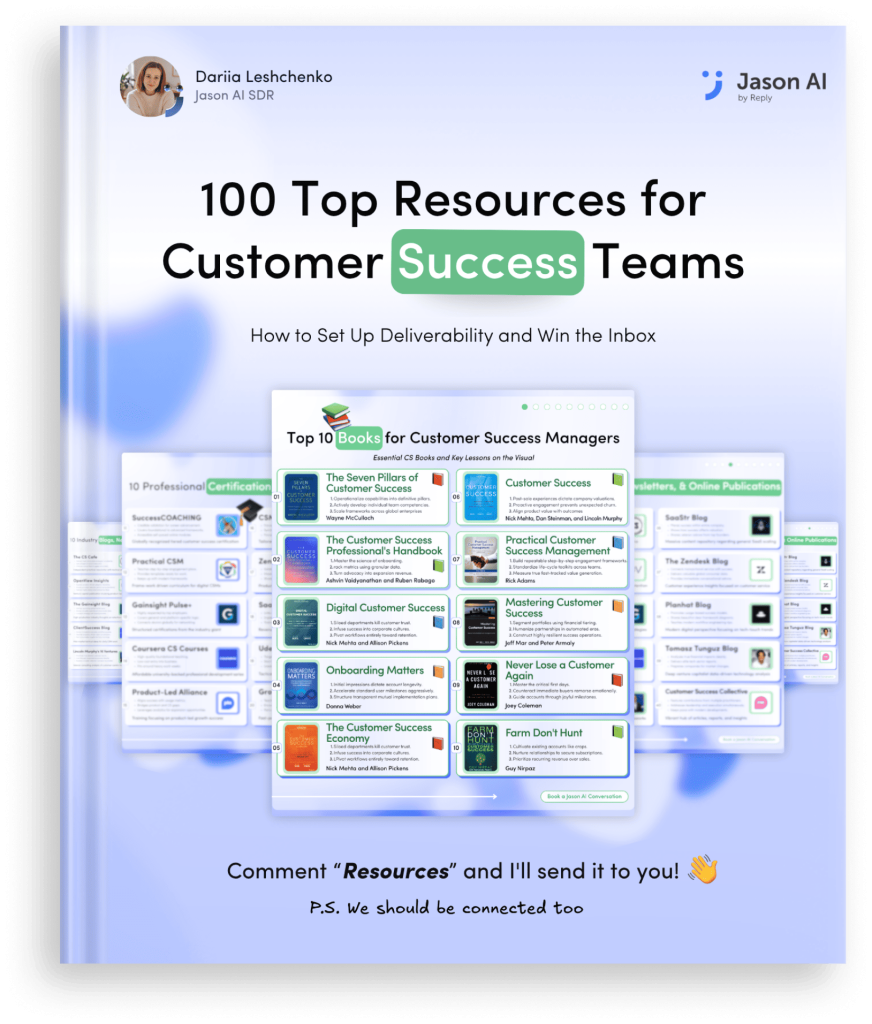 Book cover: '100 Top Resources for Customer Success Teams' with subtitle 'How to Set Up Deliverability and Win the Inbox' and branding 'Jason AI by Reply' at top right.