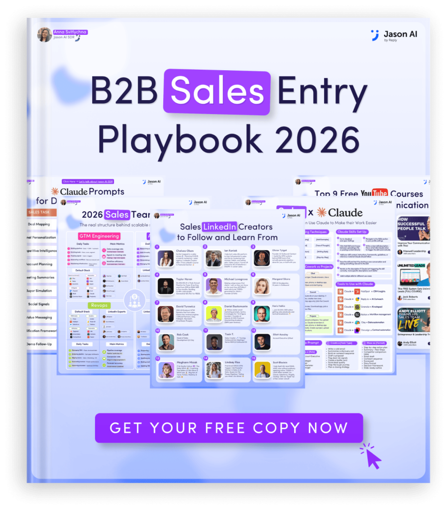 Hero collage promoting 'B2B Sales Entry Playbook 2026' with a purple highlighted 'Sales' badge and a purple 'Get Your Free Copy Now' button.