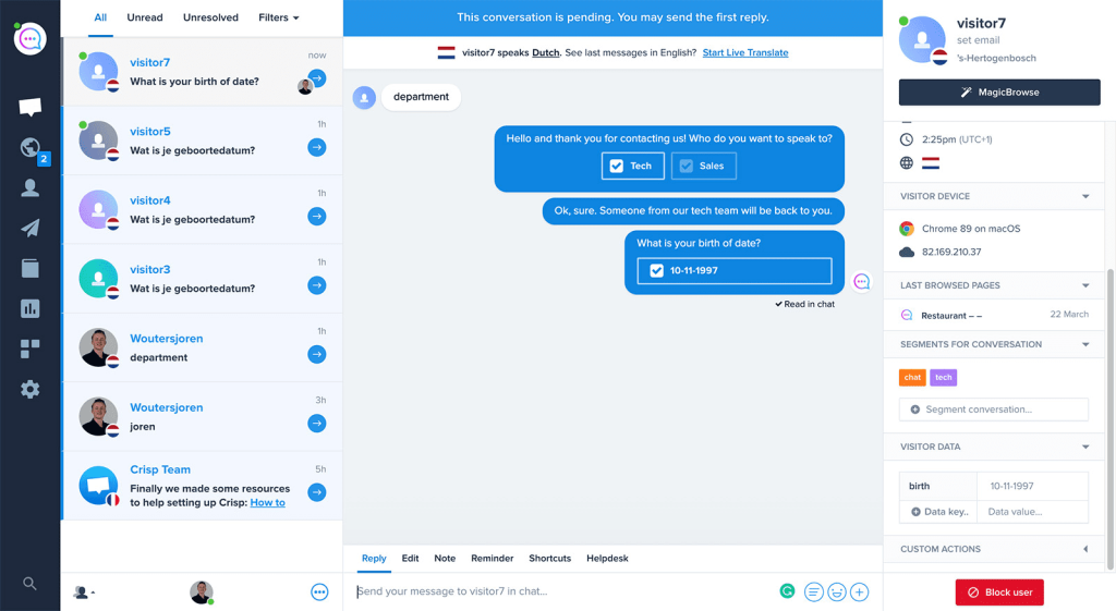 crisp interface of live chat platform