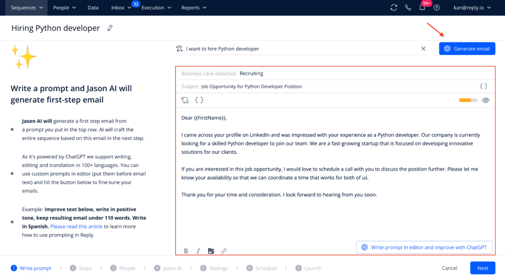 generating email with Jason