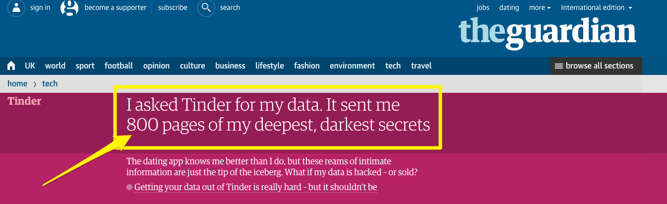 The Guardian article: I asked Tinder for my data. It sent me 800 pages of my deepest, darkest secrets