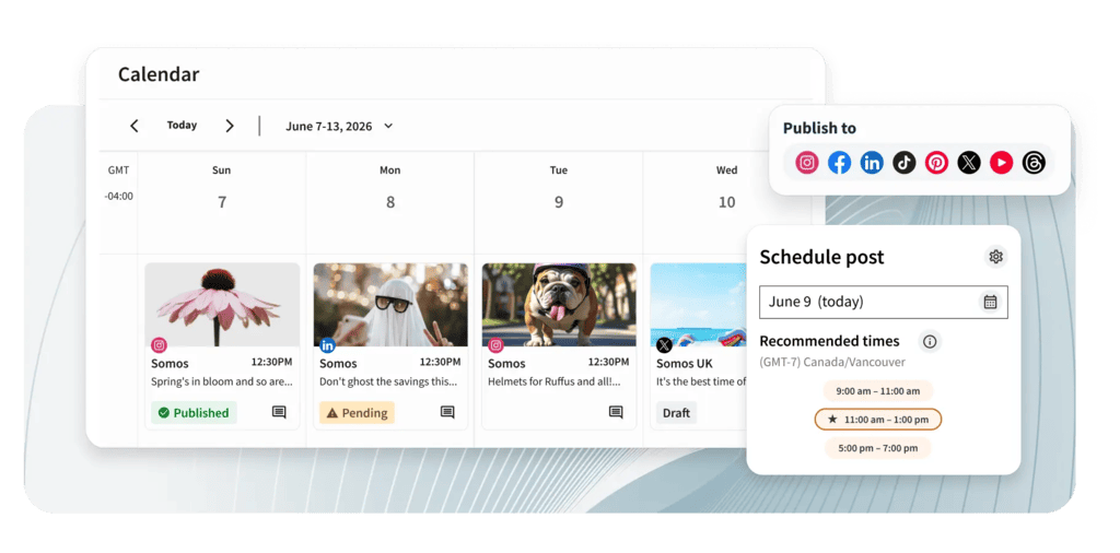 Hootsuite calendar view with scheduled posts, a Publish to menu of social networks, and recommended posting times