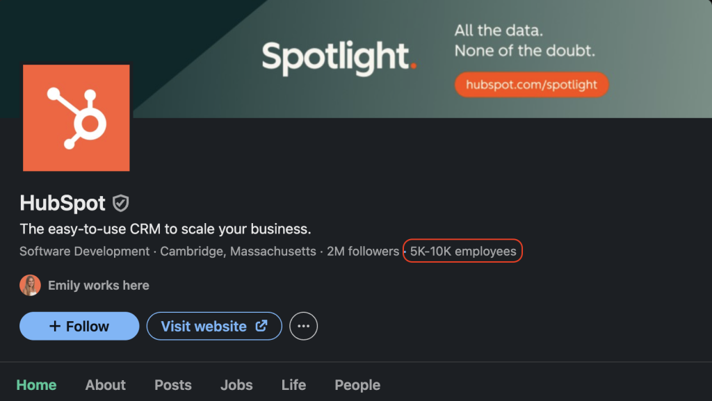how to find number of employees in a company with its company page on linkedin