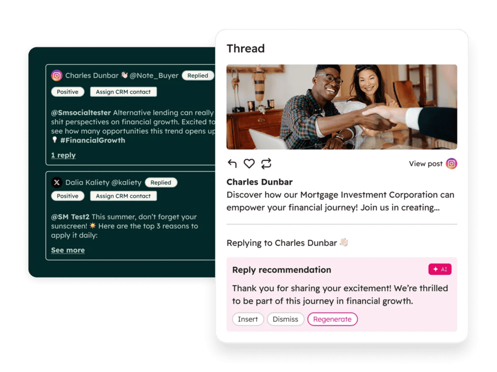 HubSpot social inbox showing Instagram and X comments with an Assign CRM contact button and an AI reply recommendation