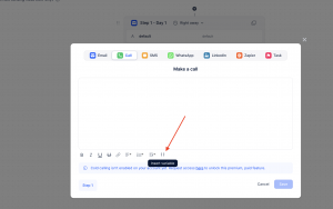 Modal titled 'Make a call' with top action chips (Email, Call selected, SMS, WhatsApp, LinkedIn, Zapier, Task) and a large text editor area showing a formatting toolbar and an 'Insert variable' tip.