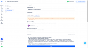 Reply handling settings in Enterprise procurement: type of question, delivery mode Stop & notify, assigned rep notification, optional extra email, and instructions with Save.