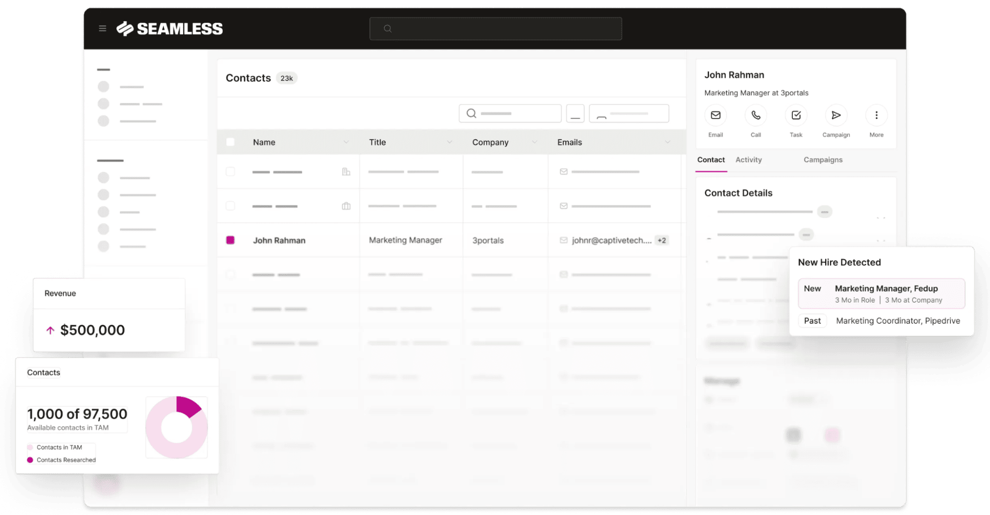 CRM dashboard: center "Contacts" table with John Rahman selected, left navigation, and right profile panel