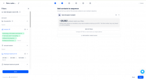 Interface for adding contacts to a sequence: left filter panel with industry tags, right shows about 26,882 matching contacts and an Edit ICP Filters button.