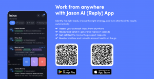 Promo banner: left side shows a dark inbox app interface, right side title and bullet benefits on a blue background with two QR codes and app-store badges